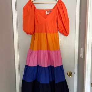 Farm Rio Maxi Tiered Dress with Puff Sleeves - Orange Pink Blue